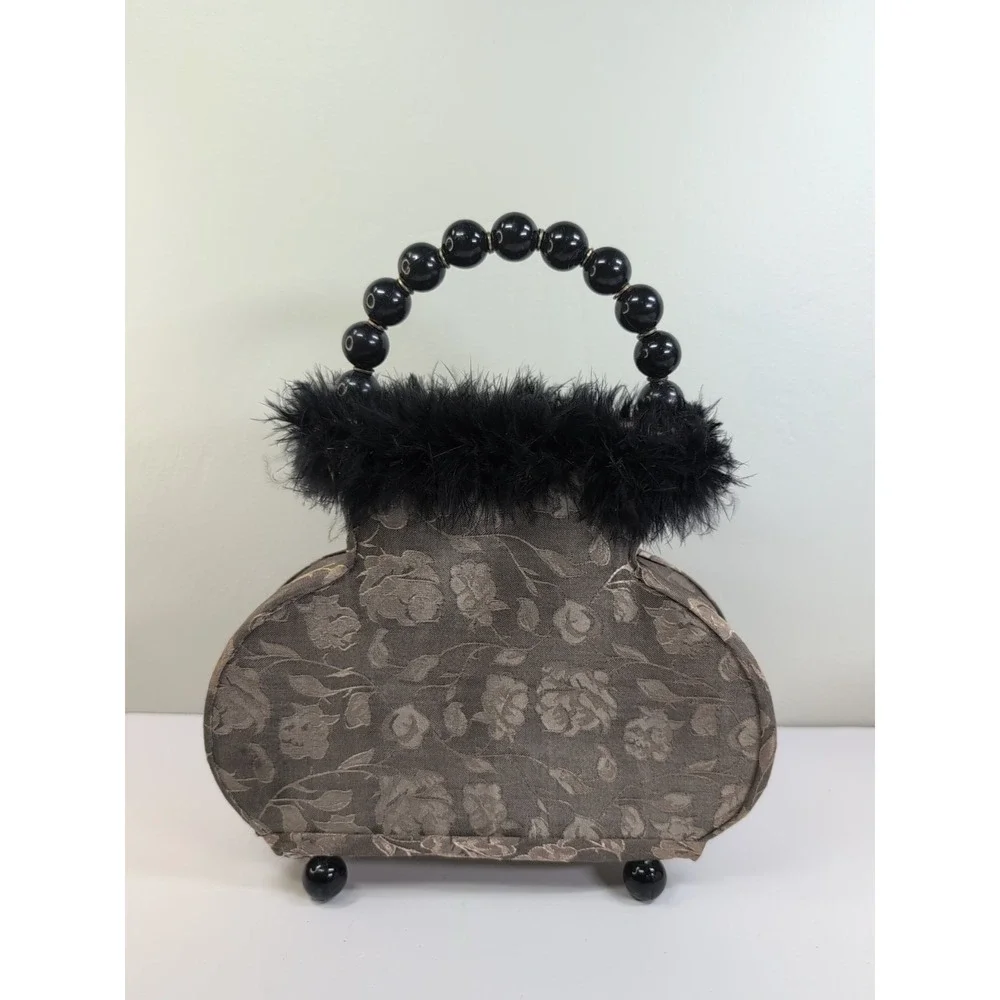 Vintage Style Boutique Purse Lamp Feathered Rare Handbag Dark Fur Beaded Deco